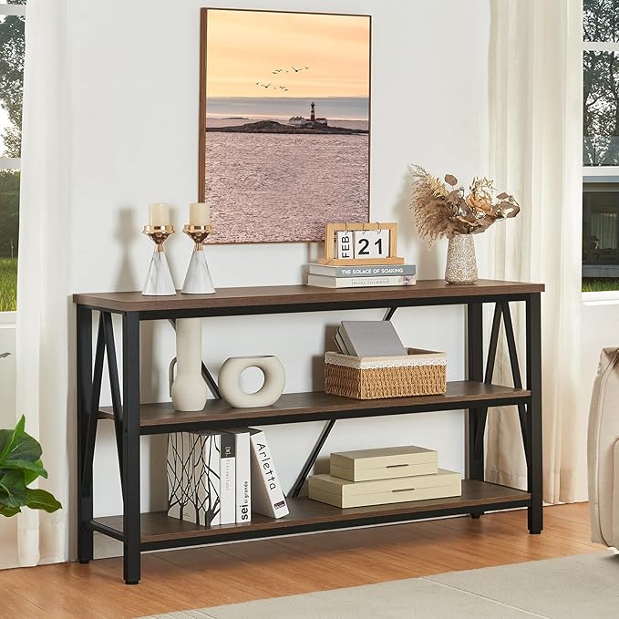HOMISSUE Entryway Console Table, Rustic Couch with Wide Storage, Industrial Sofa Tables with 3-Tier Open Shelves, Entryway Table for Living Room, Hallway, Brown, 55 Inch
