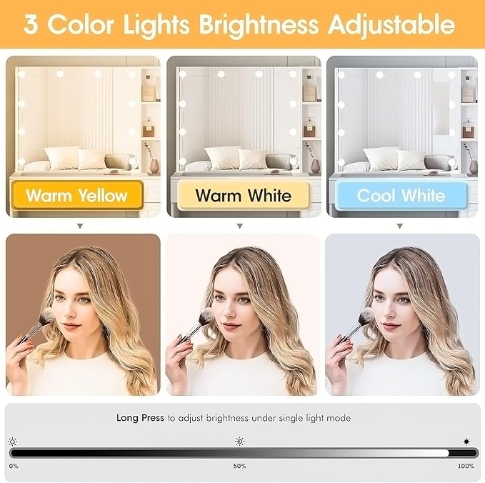 Vabches Vanity Desk Set with Lights and Mirror,White Makeup Desk with 3 Drawers & Storage Cabinet & Shelves,Glass Top Vanity Table Set with 10 Bulbs,3 Lighting Modes Adjustable Brightness