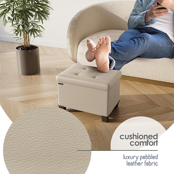 STORAGEBUD Storage Ottoman Cube with Small Bin, 16-in Square Ottoman with Storage for Living Room and Bedroom, Small Ottomans Foot Rest, Faux Leather Foot Stools Ottomans Max 330lbs, Beige