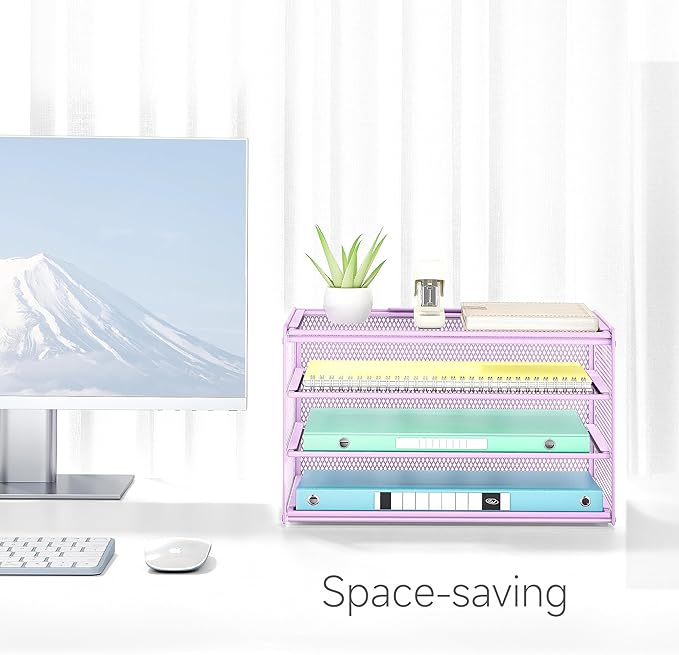 Lavatino 3-Tier Letter Tray Desk Organizer – Purple Mesh Metal Paper File Tray Organizer for Desk, Office Supplies & Home Organization | Fits A4/Letter Paper, Mail, Magazines and Office Accessories