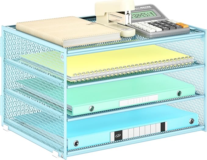 Lavatino 3-Tier Letter Tray Desk Paper Organizer – Blue Mesh Metal File Tray Organizer for Desk, Office Supplies & Home Organization | Fits A4/Letter Paper, Mail, Magazines and Office Accessories