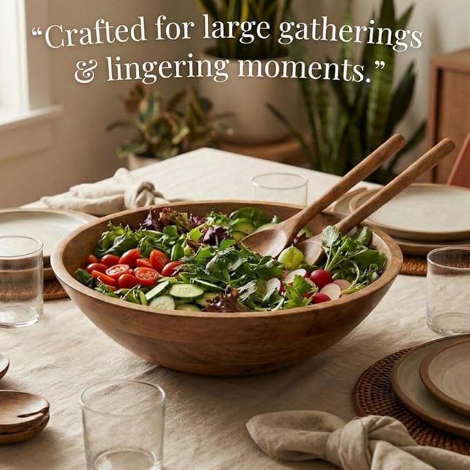 Extra Large Wooden Salad Bowl 15" with Serving Utensils | Oversized Mango Wood Salad Bowl for Big Family Meals | Large Wood Serving Bowl for Salad, Pasta, Popcorn | Handcrafted Wooden Salad Set