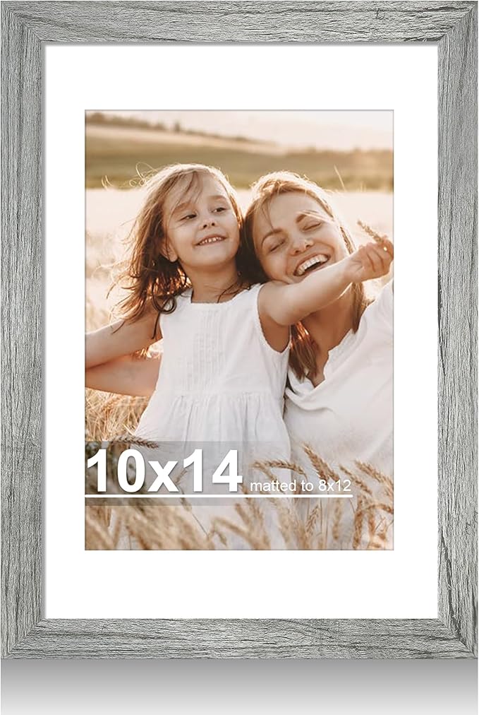 10x14 Picture Frame with Real Glass - 8x12 Wooden Frame with Mat, Horizontal and Vertical Display for Wall or Tabletop (Grey, 1 Pack)