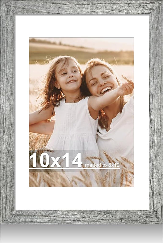 10x14 Picture Frame with Real Glass - 8x12 Wooden Frame with Mat, Horizontal and Vertical Display for Wall or Tabletop (Grey, 1 Pack)