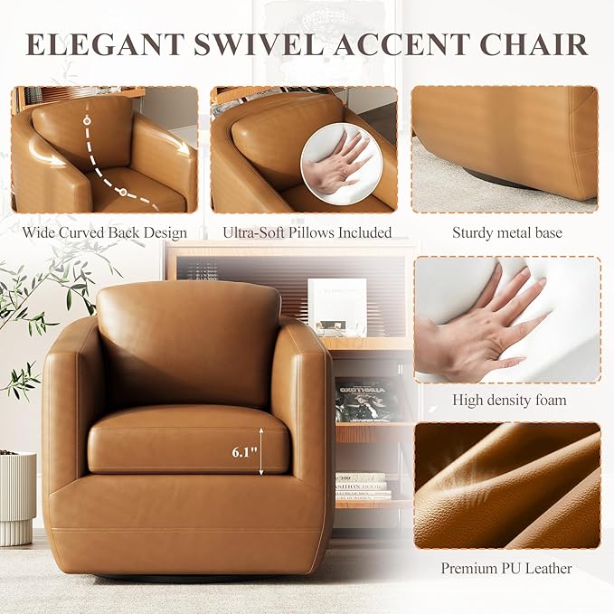 COLAMY 360° Swivel Accent Chair Set of 2 with Pillow - Comfy Living Room Armchair No-Sag Foam & Sturdy Metal Base, Fully Assembled Swivel Accent Single Sofa for Bedroom Living Room, Office, Brown