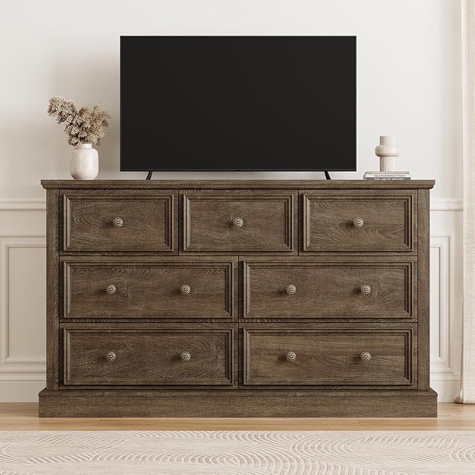 Farmhouse 7 Drawer Dresser for Bedroom, 55" Wide Wood Rustic Chest of Drawers for Bedroom, Storage Dressers Clothes Organizer for Closet, Living Room, Hallway, Dining Room(Rustic Brown)