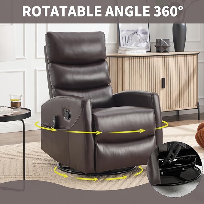 PELUMY Massage Recliner Chair with Heat - Manual Rocker Swivel Recliner, 360° Rotation & 155° Recline for Living Room（Breathable Leather, Brown）
