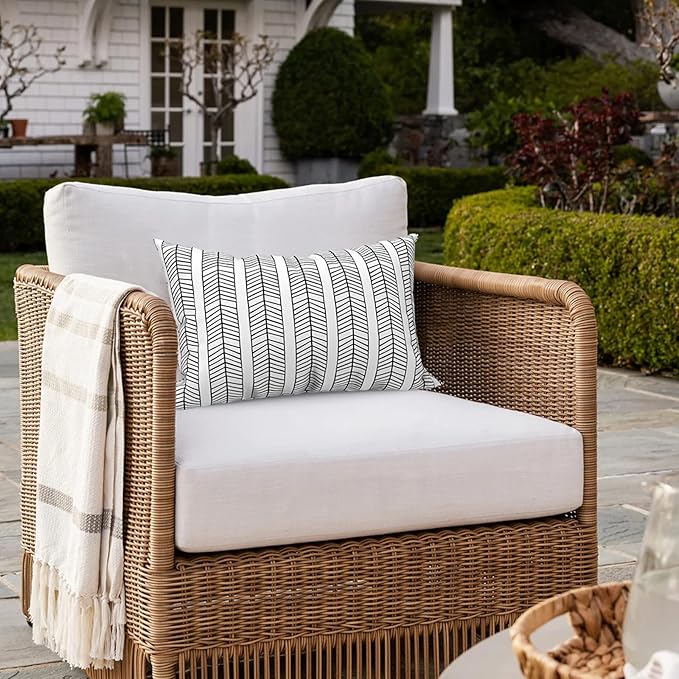 Pack of 2 Outdoor Lumbar Pillow Covers, All Weather Cushion Pillow Cases 12x20 Inch, Pillowcase for Patio Couch Decoration, HerringboneWhite