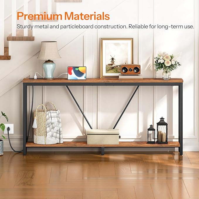 HOOBRO 70.9" Extra Long Sofa Console Table with Charging Station, 2-Tier Behind Couch Table with V-Brace, for Narrow Entryway, Hallway, Living Room, Rustic Brown BF186UXG01