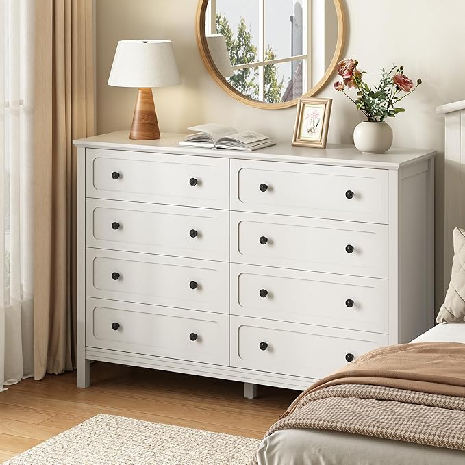 CARPETNAL White Dresser for Bedroom, 55" Wide 8 Drawer Dresser with Metal Handles and Deep Drawers, Modern Large Wood Chest of Drawers for Living Room, Hallway.