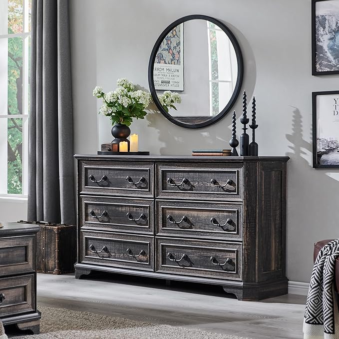 T4TREAM Farmhouse 6 Drawers Dresser for Bedroom, 54" Wide Wood Rustic Chest of Drawers with Natural Texture, Vintage Design, Storage Dressers Organizer for Bedroom, Living Room, Dark Rustic Oak