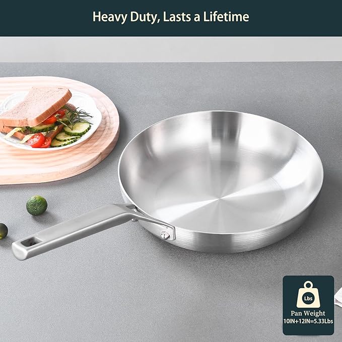 Tri-Ply Stainless Steel Frying Pan Set, 10 Inch and 12Inch, Skillet set, Fast Even Heat, Cooking Pan 10" 12", Induction Ready Egg Pan, Compatible with All Cooktops Up to 600℉