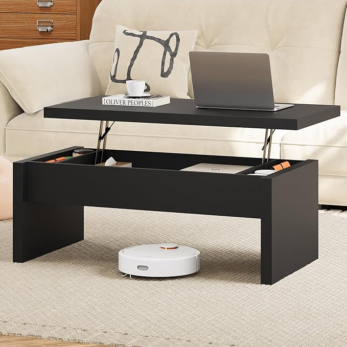 Small Lift Top Coffee Table, Wood Rectangle Coffee Table with Lifting Top and Hidden Storage Compartment, Modern Mid Century Center Tables for Small Space, Living Room, Office-Black
