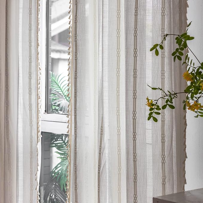 Boho Curtains for Bedroom Embroidery Striped Farmhouse 84 Inches Long 2 Pannels Set White Linen Light Filtering for Living Room Rod Pocket Drapes(52" W x 84" L,White)