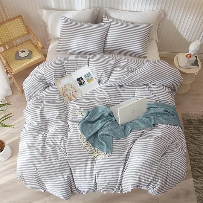 mixinni Striped Comforter Set Twin XL Size - Grey White Stripes Pattern Bed Set for Women and Men, 3 Pieces Lightweight Bedding Comforter Sets for All Seasons (1 Soft Fluffy Comforter + 2 Pillowcases)