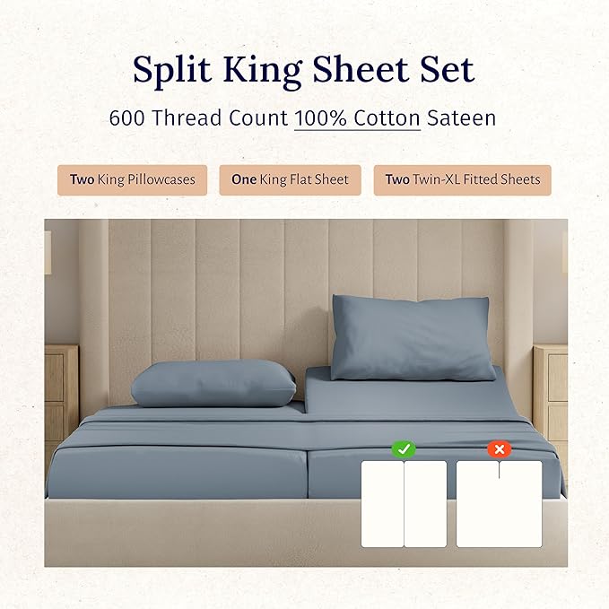 California Design Den Split King Sheet Set - 100% Cotton, 600 Thread Count, Breathable Luxury King Size Sheets for Adjustable Bed, Luxury Soft Hotel-Quality Sheets with Sateen Weave - Pastel Blue