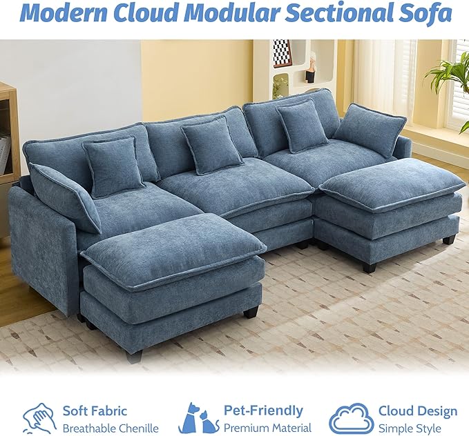 111'' Sectional Cloud Deep Seat Couch, Oversized Chenille U Shaped Sectional Sofa for Living Room Set, Comfy Upholstered Modular 5-Seats Sectional Sofa Couch with 2 Movable Ottoman,Blue