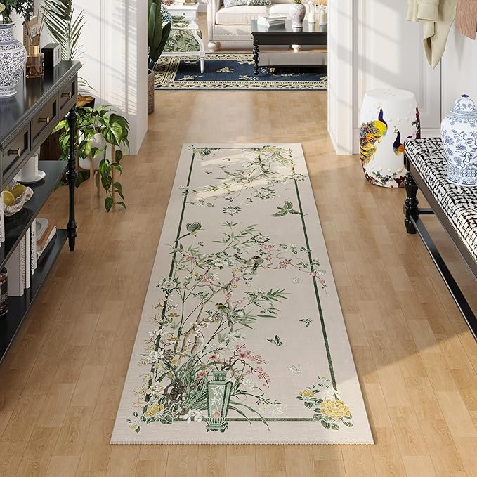 Runner Rug Chinoiserie-Style Floral Vintage Kitchen Rugs Non Slip Washable with Rubber Backing Soft Carpet for Laundry, Bedroom, Bathroom, Beige