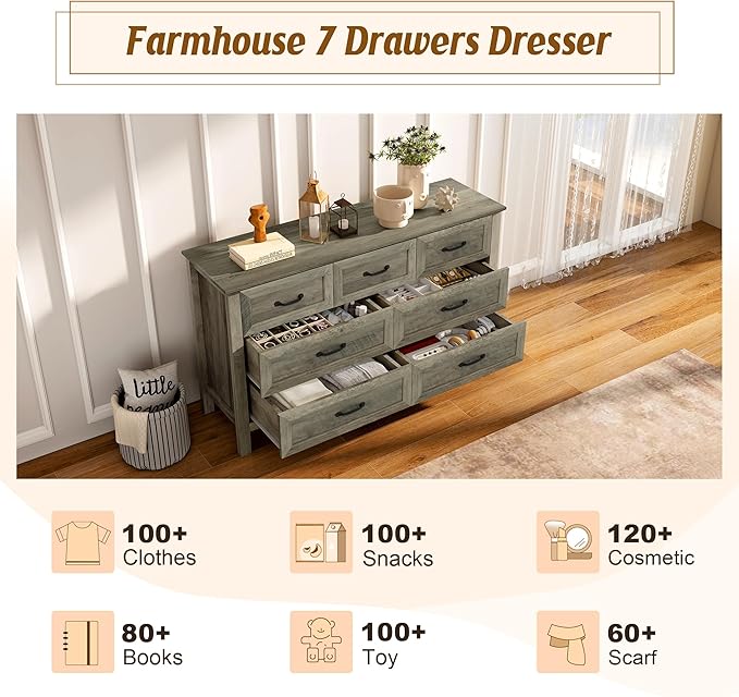 Farmhouse 7-Drawer Dresser for Bedroom, 52" Wide Wood Chest of Drawers with Large Metal Handles, Grey Dressers Storage Organizer for Bedroom, Living Room & Hallway