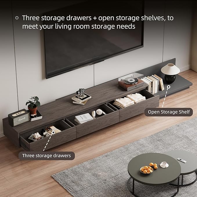 Adjustable TV Stand with 3 Drawers - Mid-Century Modern Extendable Entertainment Center for Living Room or Bedroom(78.7–130"), Stylish Black Walnut Media Console