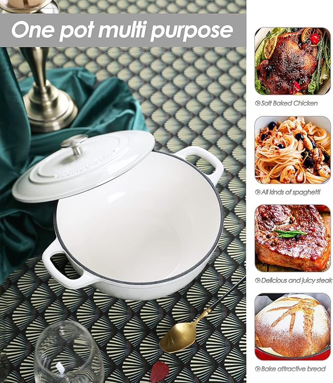 Enameled Cast Iron Dutch Oven Pot with Lid for Sourdough Bread Baking, Bread Dutch Ovens, Cooking Pots, 5 Quart, White