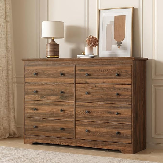 LYNSOM Modern 8 Drawer Dresser, 55.1" Wide Dressers & Chests of Drawers with Large Capacity Storage, Wood Mid Century Storage Dressers Organizer for Bedroom, Hallway, Brown