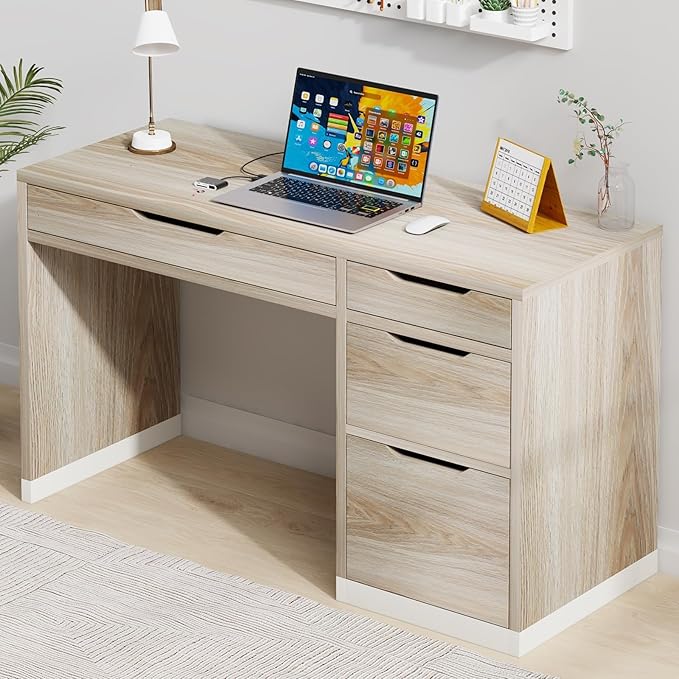 52 Inch Small Desk with Drawers, Walnut Desk with Storage, Computer Desk with Filing Cabinet，Study Desk for Kids, Bedroom