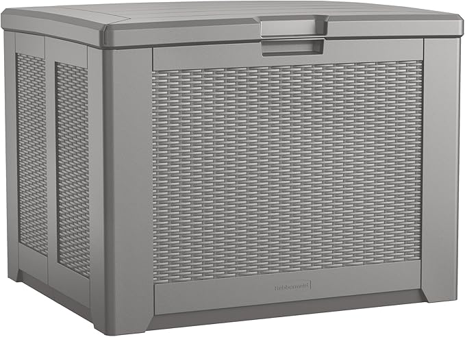 Rubbermaid Medium Resin Outdoor Storage Deck Box (74 Gal) Weather Resistant Gray Deck Organization for Home/Backyard/Pool Chemicals/Toys/Garden Tools/Porch/Patio Cushions