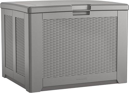 Rubbermaid Medium Resin Outdoor Storage Deck Box (74 Gal) Weather Resistant Gray Deck Organization for Home/Backyard/Pool Chemicals/Toys/Garden Tools/Porch/Patio Cushions