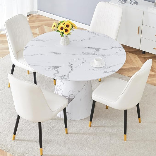 45 Inch Round Dining Table Set for 4, 5 Piece Kitchen Table and Chairs Set, White Faux Marble Table Top, Small Space Dining Set for Apartment or Dining Room