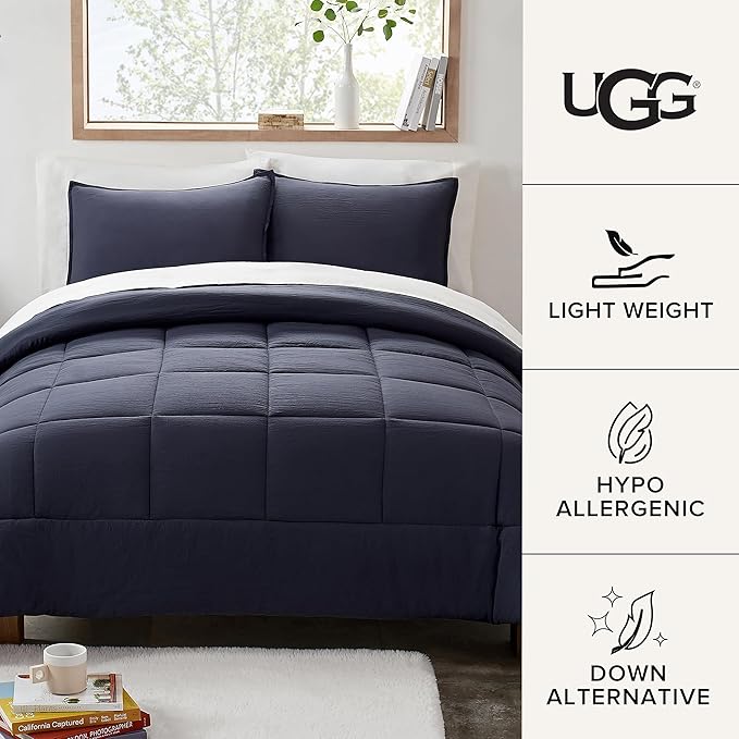 UGG Leonora Comforter Set with 2 Pillow Shams Lightweight Down Alternative Blanket Reversible Cozy Warm All Season Washable and Hypoallergenic Bedding Set, King, Navy Blue