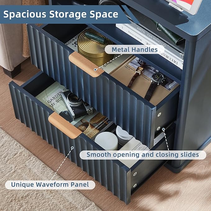 LEYAOYAO Fluted Nightstand with Charging Station, 23" Wide 2 Drawers End Table, Blue Night Stand with Open Storage Cabinet, Farmhouse Bed Side Tables, Wood Dresser for Bedroom, Living Room, Closet
