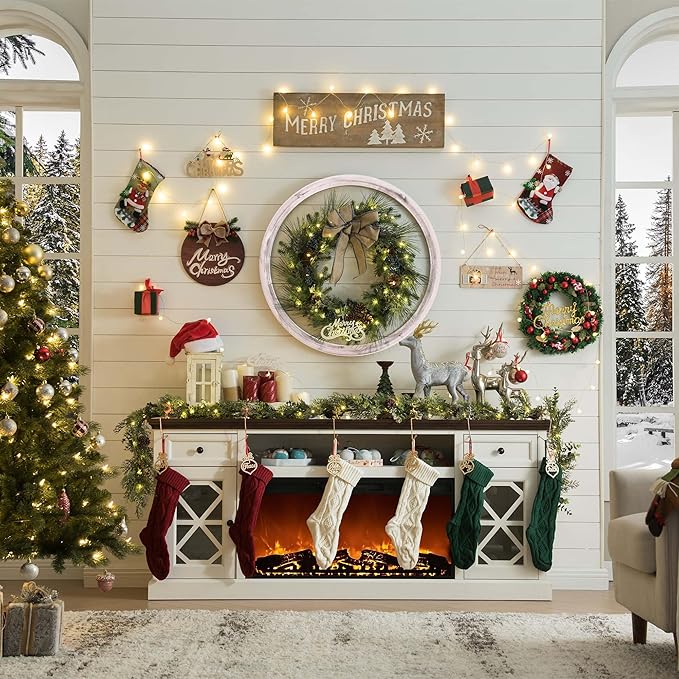 Farmhouse Fireplace TV Stand with 36" Electric Fireplace for 80 Inch TVs, 31" Tall Entertainment Center w/Drawer & Diamond Panel Door, Highboy Media Console for Living Room, 70inch, White