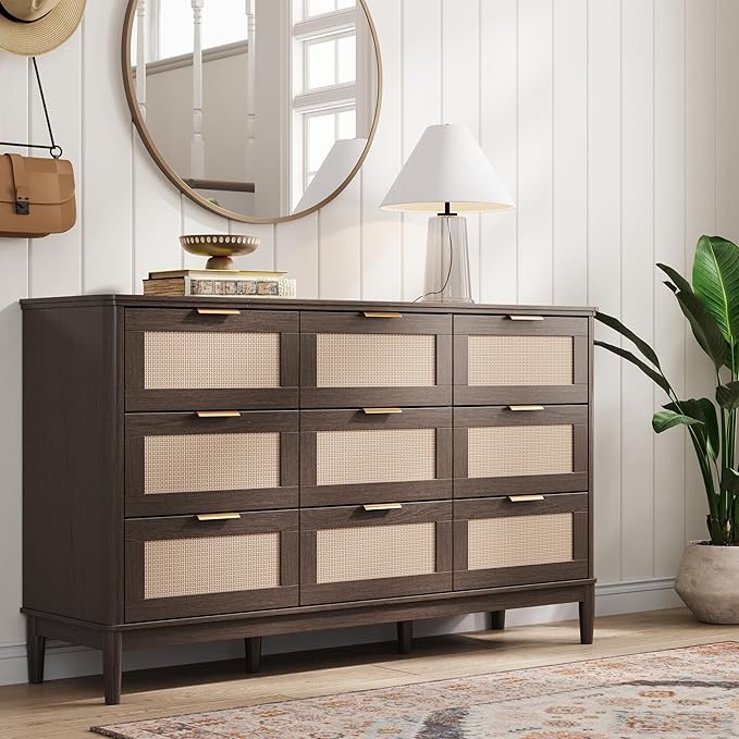 LINSY HOME Rattan Dresser for Bedroom with 9 Drawers, 58" Wide Chest of Drawers, Mid Century Modern Dresser TV Stand with Metal Handle, Wood Closet Storage Cabinet for Living Room, Hallway, Walnut