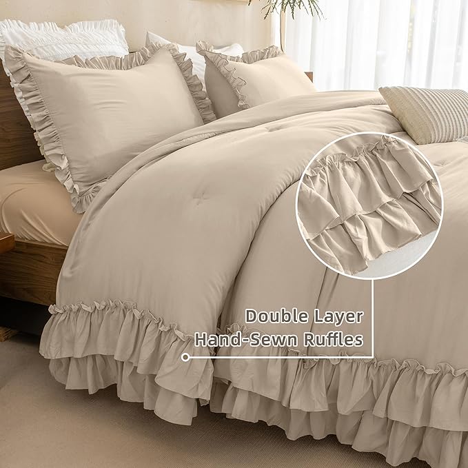 Queen's House Ruffled King Size Comforter Set,Linen Feel Textured Farmhouse Lightweight Fluffy Boho Chic Bedding Comforter,Ultra Soft Microfiber Inner Fill Bedding