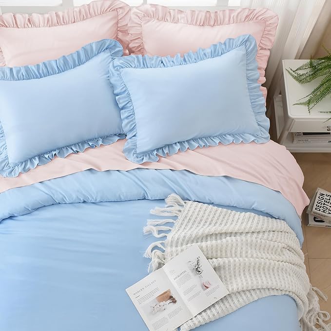 Litanika Light Blue Queen Comforter Set, 3 Pieces Ruffle Farmhouse Aesthetic Bedding Comforter Set, All Season Soft Lightweight Fluffy Microfiber Bed Set(90x90In Comforter, 2 Pillowcases)