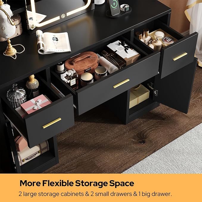 Vanity Desk with Sliding Mirror & LED Lights, Smart Makeup Table with Charging Station, Hairdryer Holder, 7 Shelves, 3 Drawers, 2 Cabinets, Vanity with Extra Hidden Stroage for Bedroom,Black