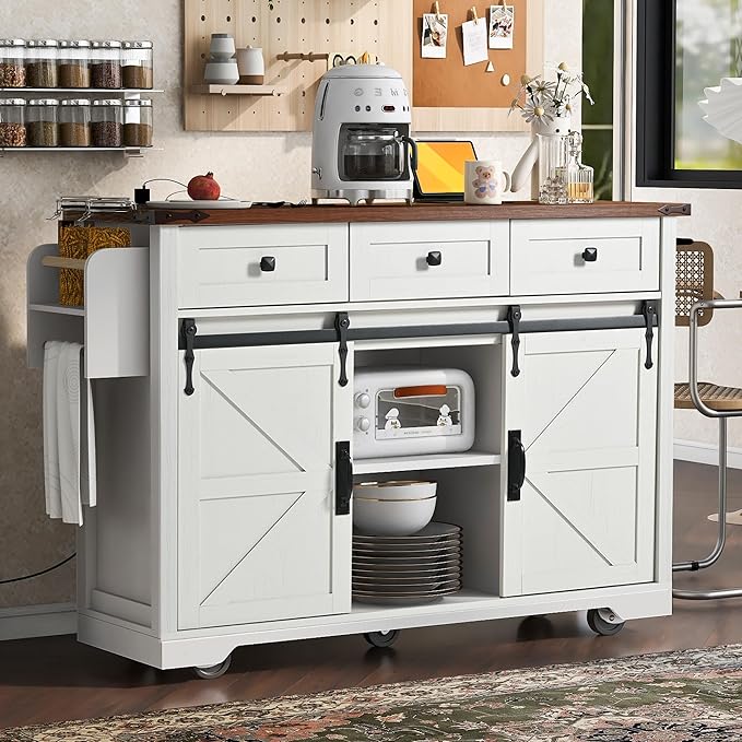 53.7" Farmhouse Kitchen Island with Power Outlet, Rolling Island Cart On Wheels with Drop Leaf Countertop, Barn Door Kitchen Storage Island with Drop Leaf for Dining Room (White)
