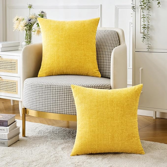 MIULEE Pack of 2 Couch Throw Pillow Covers 18x18 Inch Soft Yellow Chenille Pillow Covers for Sofa Living Room Solid Dyed Pillow Cases