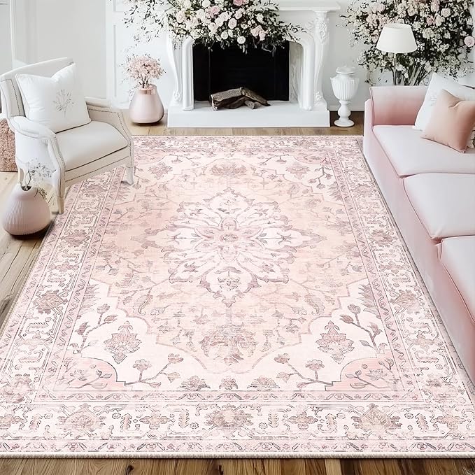 Area Rugs 6'x9' Washable Non-Slip, Floral Vintage Distress Print Pattern Medallion Carpet for Living Room Bedroom Dining Room, Pink Greypink Cute