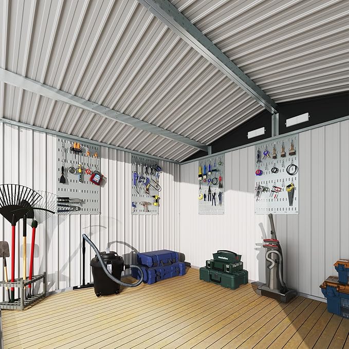 Aoxun 9.5x7.5 FT Shed with 4 Pegboards and 50 Hooks Outdoor Waterproof Storage Shed Steel Utility Garden Tool Shed with Door & Lock Outdoor Storage for Garden Patio Lawn Poolside, Brown