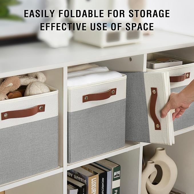 Collapsible Fabric Storage Cube Bins with 2 Reinforced PU Handles, Foldable Storage Organizer Baskets for Closet, Shelves, Living Room | 11"x11"x11", 4 Pack, Gray & White