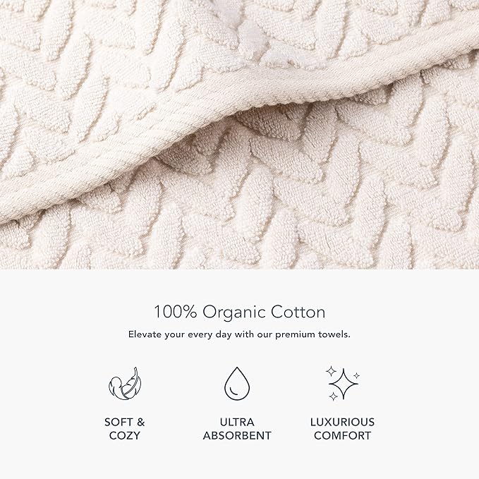 Texere 100% Organic Cotton Jacquard 650 GSM Premium Bath Towel Sets - Extra Absorbent Quick Dry and Plush, 2 Large Bath Towels, 2 Hand Towels, 2 Washcloths (Cable, Birch, 6 Piece)