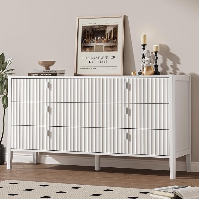 White 6 Drawer Dresser for Bedroom, Modern Wood Dresser, Fluted Design Double Chest of Drawers with Wood Legs, TV Stand Storage Cabinet for Bedroom, Living Rooms, Offices, and Entryways