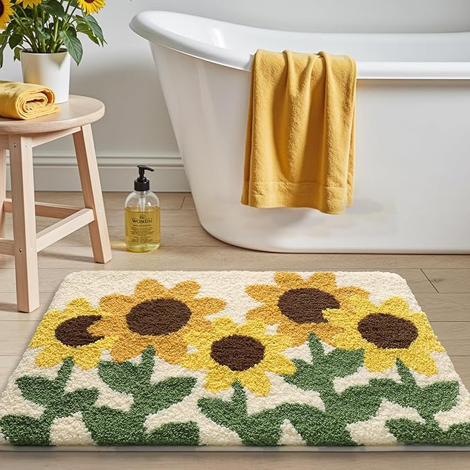 LUMI Bathroom Rug 16x24, Soft Absorbent Microfiber Bath Mats, Non-Slip Machine Wash Bath Mats for Bathroom, Shower and Bathtub Floor, Sunflower
