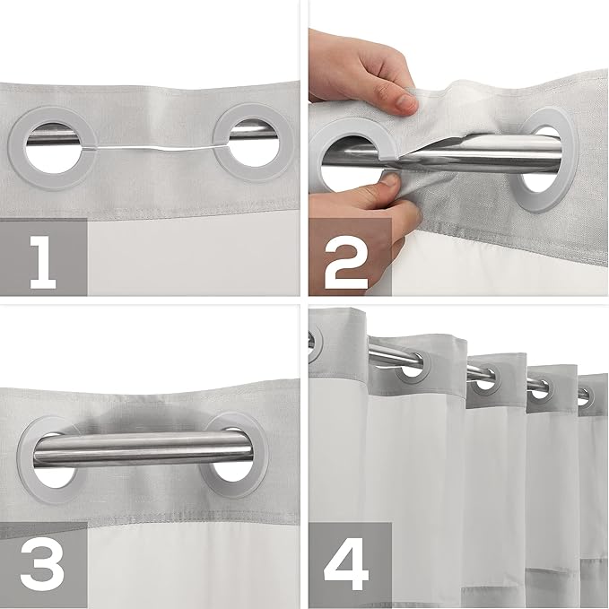 Long No Hook Slub Textured Shower Curtain with Snap-in PEVA Liner Set - 71" x 80"(78"), Hotel Style with See Through Top Window, Grey Fabric Curtain & Waterproof Liner, Gray, 71x80