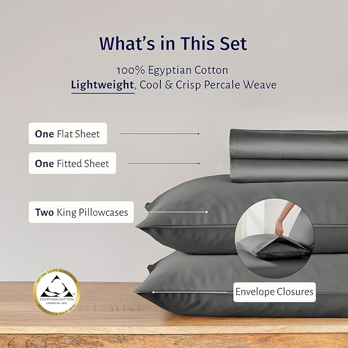 California Design Den California King Sheets Set - Certified 100% Egyptian Cotton, Percale Cooling Sheet Set with Deep Pockets, Crisp & Durable Luxury Bedding Set - Grey