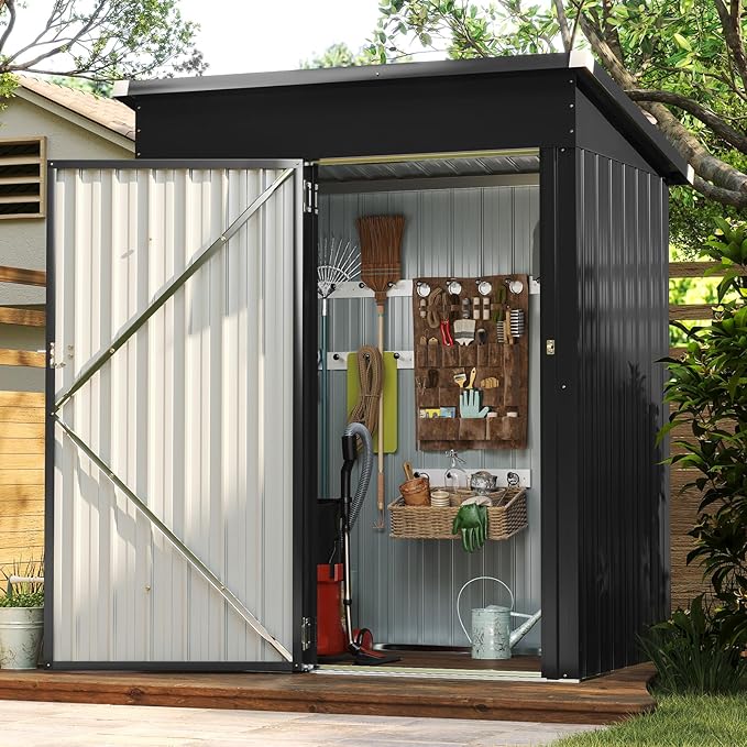 Aoxun 5x3FT Outdoor Shed Metal Storage Shed with Single Slooping Roof Lockable Door Steel Utility Tool Shed Outdoor Storage Garden Shed for Backyard Garden Patio Lawn, Black