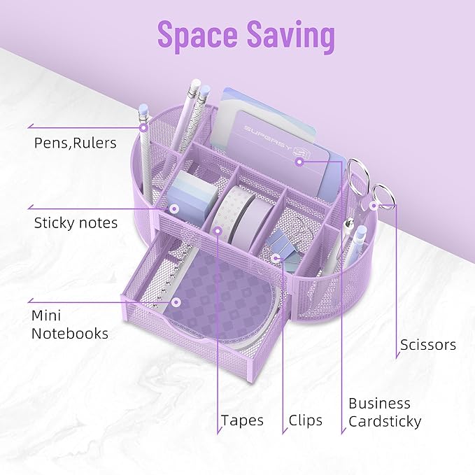 SUPEASY Mesh Desk Organizer, Desk Accessories & Workspace Organizers with Drawers, Pencil Holder for Desk with 9 Compartments for Office Suppliess, 8.6 x 4.3 x 4.1 Inch, Purple