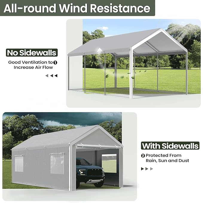 Carport 10x20 Ft, Heavy Duty Car Canopy with Reinforced Ground Bar, Portable Garage with Roll-up Windows and Removable Sidewalls, Galvanized Car Shelter, Large Outdoor Carports (Grey)